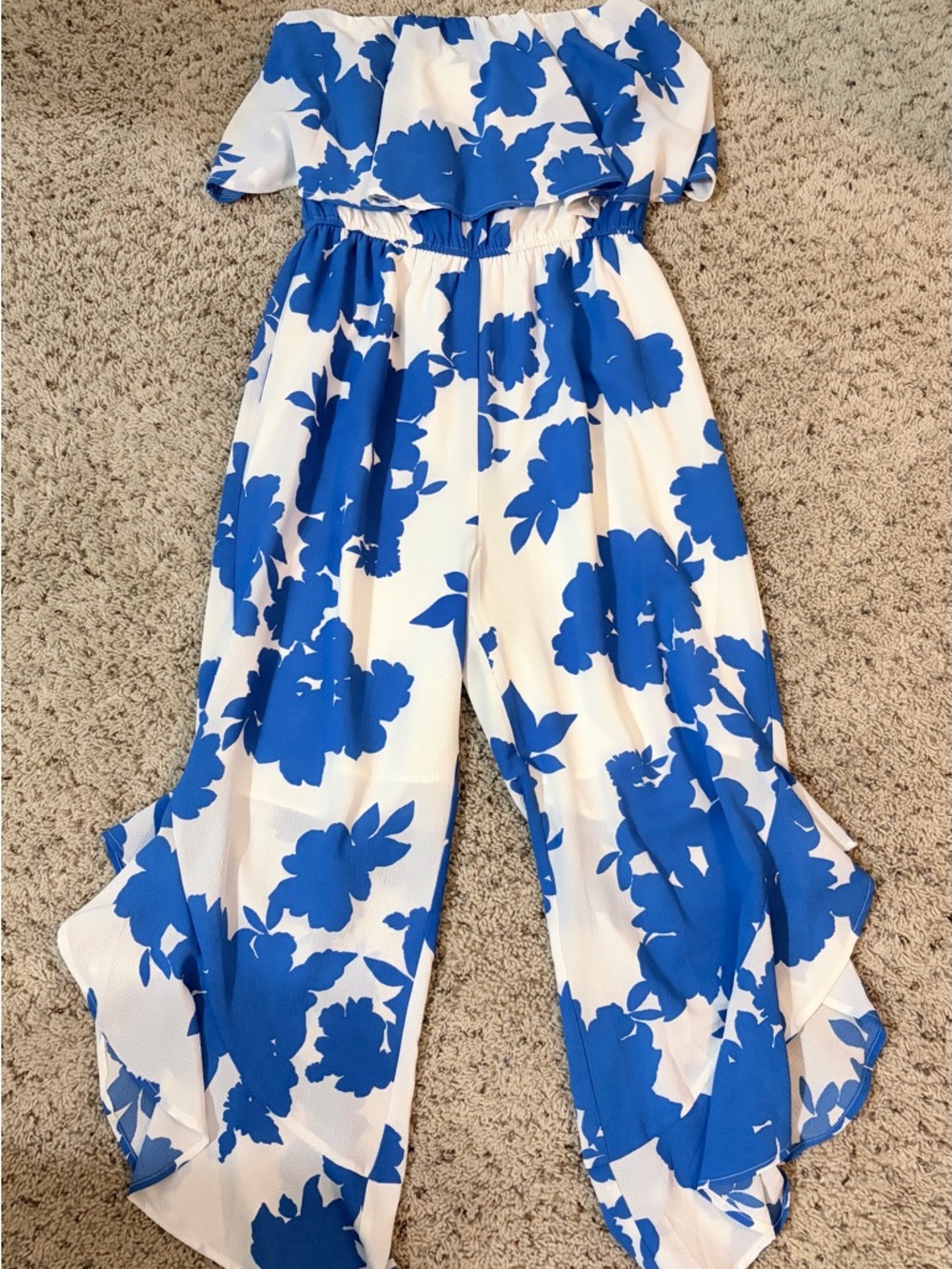 Sugarlips White & Blue Floral Off-Shoulder Wide-Leg Jumpsuit